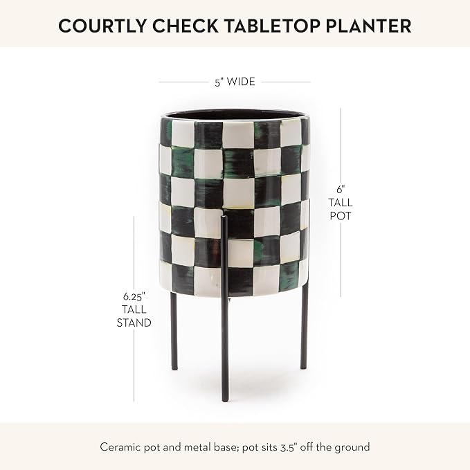 MACKENZIE-CHILDS Tabletop Ceramic Planter with Stand, Decorative Pot for Indoor Plants, Black-and-White Courtly Check
