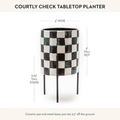MACKENZIE-CHILDS Tabletop Ceramic Planter with Stand, Decorative Pot for Indoor Plants, Black-and-White Courtly Check