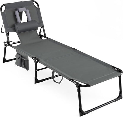 COSTWAY Tanning Chair with Face Hole, Folding Beach Lounge Chair with 4-Position Adjustable Backrest, Pillow & Side Pocket, Foldable Chaise Lounge Chair Outdoor for Sunbathing, Camping (1, Grey)