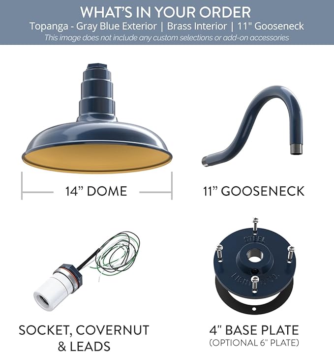 Steel Lighting Co. Topanga Barn Light | Outdoor Wall Mounted | 14 inch Dome | 11" Gooseneck | Farmhouse Garage Light Made in America | Gray Blue Exterior/Brass Interior