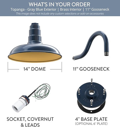 Steel Lighting Co. Topanga Barn Light | Outdoor Wall Mounted | 14 inch Dome | 11" Gooseneck | Farmhouse Garage Light Made in America | Gray Blue Exterior/Brass Interior