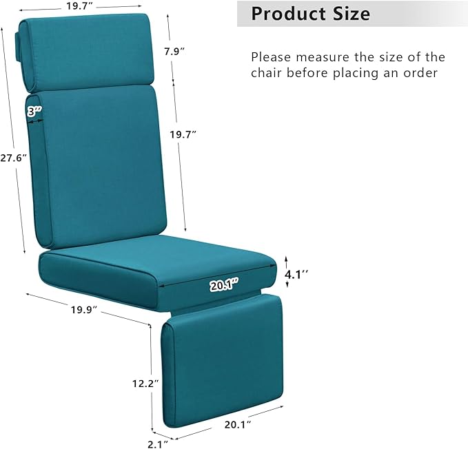 ATR ART TO REAL Outdoor Recliner Replacement Cushion, High Back Chair Cushions Patio Wicker Reclinning Chairs Seat Pad, Removable Cover, Waterproof, UV Resistant (Style A, Peacock Blue)
