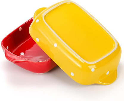 AVLA Set of 4 Ceramic Small Casserole Dishes, 7"x5" Porcelain Roasting Lasagna Pan, Individual Casserole Dishes Bakeware with Handle Rectangular Dish, Ceramic Baking Dish for Oven, 20 Oz, Polka Dot, Assorted Color