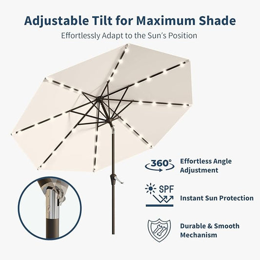 9FT Solar Umbrella 32 LED Lighted Patio Umbrella Table Market Umbrella w/Tilt and Crank, UV-Resistant Outdoor Umbrella for Pool, Garden, Deck, Creamy White