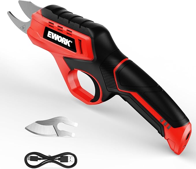 EWORK Cordless Electric Pruning Shears 4.2V Rechargeable 4000mAh Battery, 0.7 Inch Cutting Diameter, 2 SK5 Blades Quick Tool-Less Replacement, Handheld Pruner for Garden Tree Branch Trimming