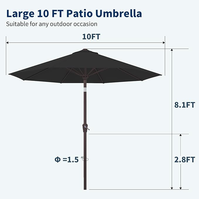 PatioKingdom 10FT Patio Umbrella with Push Button Tilt and Crank, Outdoor Market Umbrella with 8 Fiberglass Ribs, UV Protection Table Umbrella for Pool,Backyard,Garden,Deck(Black, 10FT)