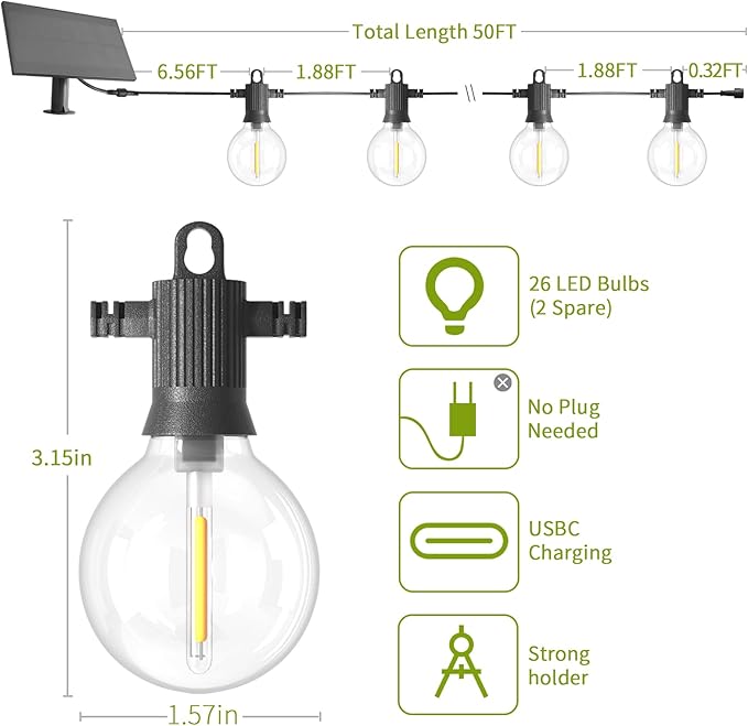 ZOTOYI Solar String Lights Outdoor Waterproof IP65 50FT with USB Port and 26 Shatterproof G40 Bulbs(2 Spare), Up to 8-12 Hours for Using, LED Solar Powered Patio Light for Outside, Patio, Porch, 2200K