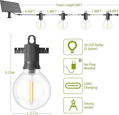 ZOTOYI Solar String Lights Outdoor Waterproof IP65 50FT with USB Port and 26 Shatterproof G40 Bulbs(2 Spare), Up to 8-12 Hours for Using, LED Solar Powered Patio Light for Outside, Patio, Porch, 2200K