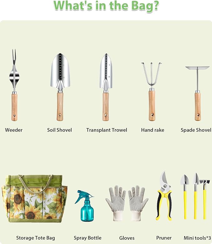 Garden Tools Set 12PCS, MOSFiATA Gardening Kit with Organizer Bag, Heavy Duty Soil Shovel, Transplant Trowel, Weeder, Hand rake, Ideal Gardening Gifts