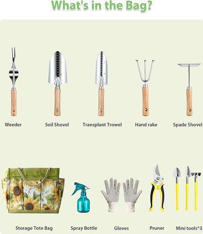 Garden Tools Set 12PCS, MOSFiATA Gardening Kit with Organizer Bag, Heavy Duty Soil Shovel, Transplant Trowel, Weeder, Hand rake, Ideal Gardening Gifts