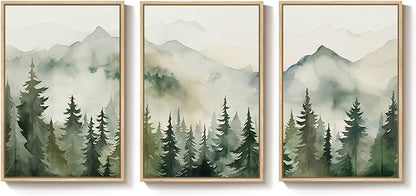 Large Framed Green Forest 3 Piece Wall Art for Living Room, Abstract Landscape Foggy Mountain Print Canvas Artwork for Walls, Modern Nordic Rustic Nature Wall Decor for Bedroom Home Office, 24x36 Inch
