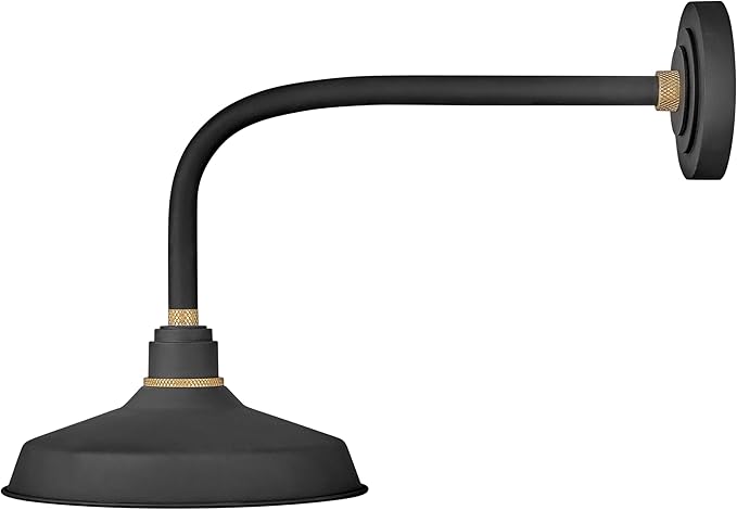 Hinkley Foundry Classic Medium Straight Arm Barn Light - Aluminum, Dark Sky Compliant, Industrial, 23.75" Extension, 12" Shade - Textured Black Finish with Brass Accent