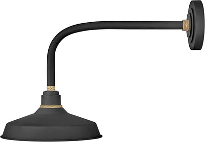Hinkley Foundry Classic Medium Straight Arm Barn Light - Aluminum, Dark Sky Compliant, Industrial, 23.75" Extension, 12" Shade - Textured Black Finish with Brass Accent