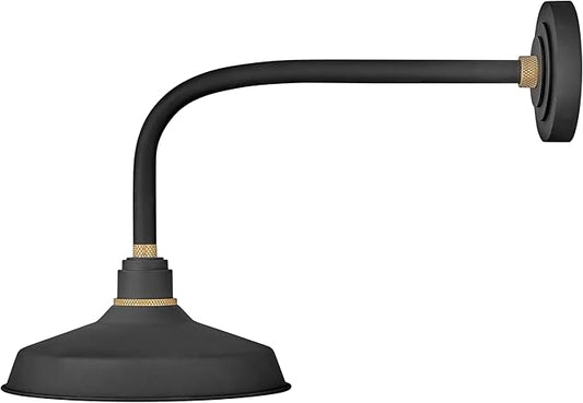Hinkley Foundry Classic Medium Straight Arm Barn Light - Aluminum, Dark Sky Compliant, Industrial, 23.75" Extension, 12" Shade - Textured Black Finish with Brass Accent