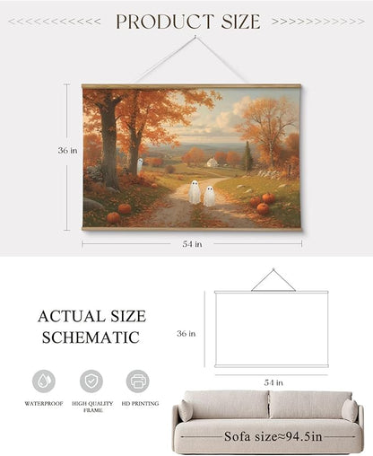 ARPEOTCY Extra Large Vintage Framed Wall Art, 36x54 Inch Halloween Wall Art Canvas, Vintage Autumn Landscape with Cute Ghosts and Pumpkins, Large Farmhouse Fall Wall Decor for Living Room Fireplace Entryway