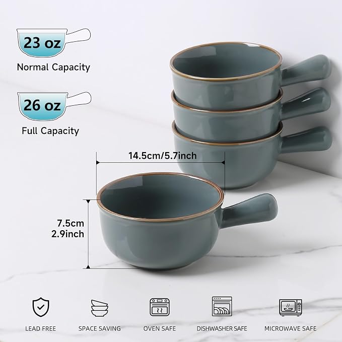 MONITO 26 Oz French Onion Soup Bowls, Ceramic Soup Bowls with Handles, Stackable Soup Crocks, Oven/Microwave/Dishwasher Safe, for Cereal, Soups, Casseroles