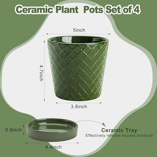 EFISPSS Ceramic Plant Pots, 5 Inch Planters with Drainage Holes and Ceramic Tray, Relief Design Flower Planter, Desktop Office Windowsill Decoration Gift Set of 4 - Blackish Green