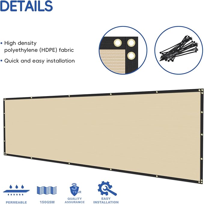 4'x92' Privacy Fence Screen Net Fencing 90% Privacy Blockage Windscreen Fence Cover with Copper Grommet for Patio Backyard Garden Swimming Pool, Zip Ties Included, Beige