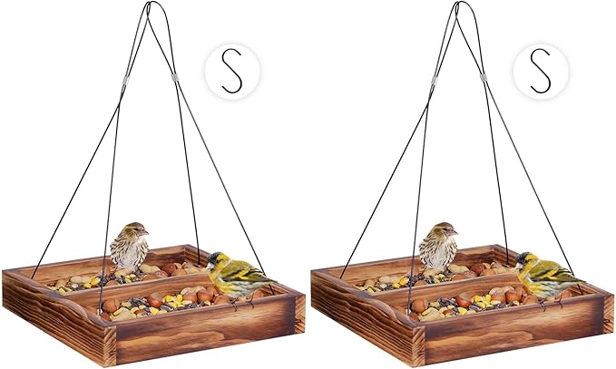 MIXXIDEA Bird Feeder Hanging Tray, Wooden Platform Hummingbird Feeder Mesh Seed Platform for Garden Yard Outside Decoration Attracting Wild Birds (Brown)