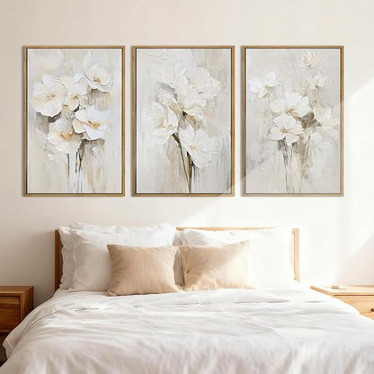 Anyzal Extra Large Beige Floral Framed Wall Art 24x36 Inch Neutral White Flower Canvas Wall Art Farmhouse Wildflower botanical Artwork for Living Room Bedroom Dining Room Set of 3