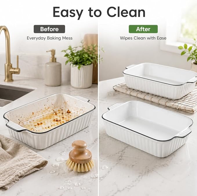 Ceramic Bakeware Set of 4, Deep Rectangular Casserole Dishes for Oven to Table, Non-Stick Lasagna Pans with Handles, Stackable Baking Pans for Family Dinners & Housewarming Gift