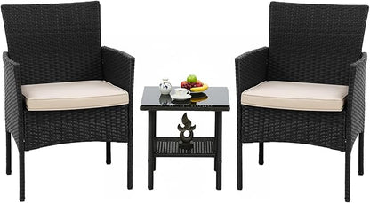 FDW 3 Pieces Patio Furniture Set Outdoor Wicker Bistro Sets Modern Rattan Chair Conversation Sets with Coffee Table for Yard Backyard Lawn Porch Poolside Balcony,Khaki Cushion