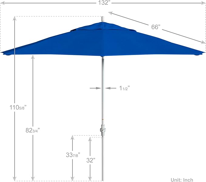 California Umbrella 11Ft Premium Patio Umbrella, Hand-Crank, Tilt-Collar, White Frame, Solution Dyed Royal Blue Fabric