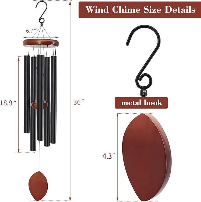 ASTARIN 36" Large Wind Chimes Outdoor – Deep Tone Memorial WindChimes with 5 Tuned Aluminum Tubes, Heavy-Duty Metal Wind Chime for Garden, Patio, Yard, Sympathy & Funeral Gift (Black)