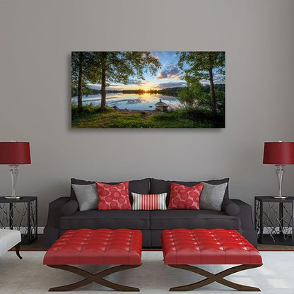 Tree Canvas Wall Art of a Sunrise Over a Forest Lake 28x57 inches Nature Inspired Painting Perfect for Wall Decoration in Living Room and Bedroom Trees and Landscape Picture Artwork Prints