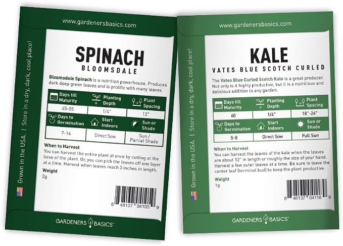 Gardeners Basics Lettuce and Greens Heirloom Vegetable Seed Non-GMO Seeds for Planting Indoors and Outdoor - Lettuce Buttercrunch, Romaine, Arugula, Kale and Spinach, Pack of 5