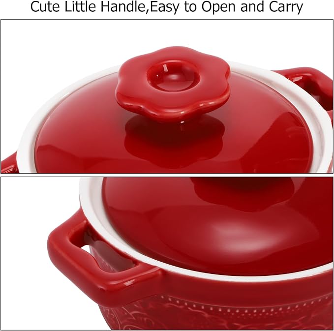 Hacaroa Set of 6 Mini Cocotte with Lid, 8 Oz Ceramic Ramekins with Handles, Small Casserole Dishes Individual Serving Pot for Baking, Soufflé, Soup, Cobbler, Oven Safe, 6 Colors
