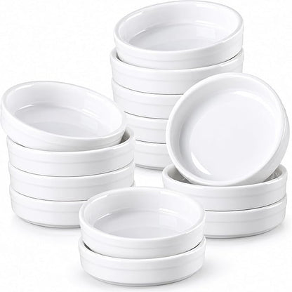 ONEMORE Creme Brulee Ramekins 4 oz Ceramic Baking Dishes, Oven Safe Ramekin Set, Small Porcelain Cups for Souffle, Custard, Dipping Sauce, Stackable White Kitchen Serveware, 14 Pack