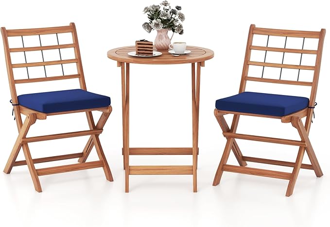 HAPPYGRILL 3 Pieces Acacia Wood Patio Bistro Set, Folding Outdoor Table and Chairs Set with Cushions, Outdoor Patio Furniture Set for Porch, Balcony, Deck, Garden, Backyard (Navy)
