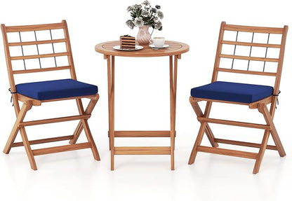 HAPPYGRILL 3 Pieces Acacia Wood Patio Bistro Set, Folding Outdoor Table and Chairs Set with Cushions, Outdoor Patio Furniture Set for Porch, Balcony, Deck, Garden, Backyard (Navy)