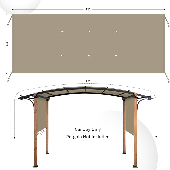 Universal Canopy Cover Replacement for 17x6.8 Ft Outdoor Pergola Structure, Garden Pergola Shade for Gazebo Patio Porch Balcony, Outdoor Waterproof Pergola Canopy Top(Cover Only) (Khaki)