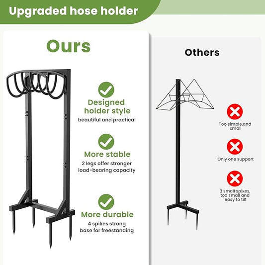 Pattiumo Garden Hose Holder Stand, Heavy Duty Freestanding Metal Hose Holder with 4 Spikes, Hose Reel Alternative Holds up to 150 ft for Yard Lawn Garden Patio