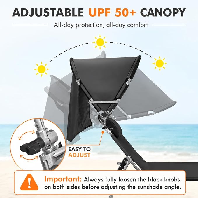 Tanning Chair with Sun Canopy Face Hole Softer Padded Adjustable Washable, Heavy Duty Layout Folding Lounge Chair for Adults Outside Beach Reading Sunbathing Poolside Lawn, UPF 50+ Sun Shade, 300 LBS