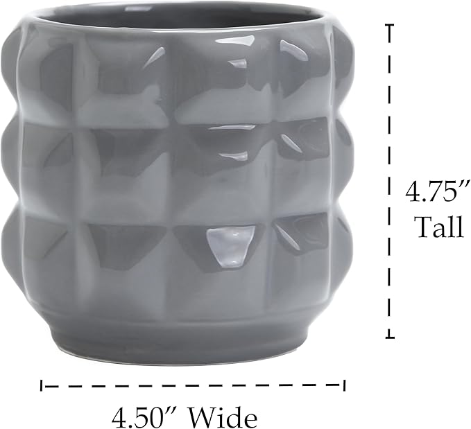 Ceramic Planter Pot with Drainage Hole, 4.5 Inch Dia, Indoor and Outdoor, Home Patio Garden, Plants Flower Succulent, 3D Patterned Round (Gray)