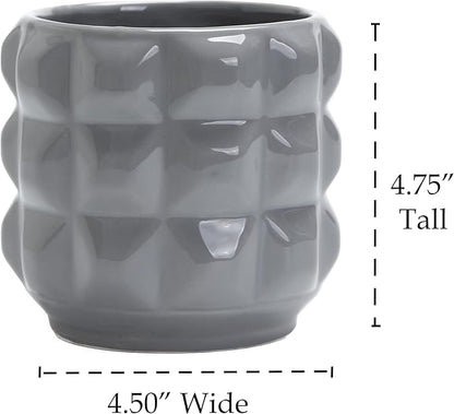 Ceramic Planter Pot with Drainage Hole, 4.5 Inch Dia, Indoor and Outdoor, Home Patio Garden, Plants Flower Succulent, 3D Patterned Round (Gray)