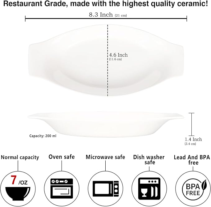 6" x 4" Ceramic Oval Small Au Gratin Baking Dishes 7 oz, Set of 4 Banana Split Bowls, Oven and Microwave Safe, for 1 person servings, Bakeware with Handle(8.3 IN) for Kitchen and Home