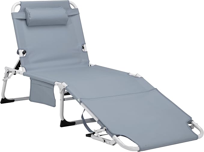 3-in-1 Oversized Sun Tanning Chair with Mat & Face Hole, Heavy Duty Folding Chaise Lounge - 5-Position Adjustable Outdoor Chair for Beach, Pool, Patio, Lawn, Yard - Includes Pillow