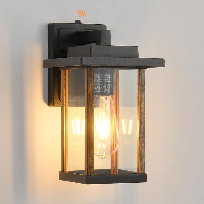 Outdoor Wall Sconce, Outside Porch Light Fixtures, Dusk to Dawn Wall Mount Anti-Rust Exterior Wall Lights in Wood Grain & Black Finish with Clear Glass