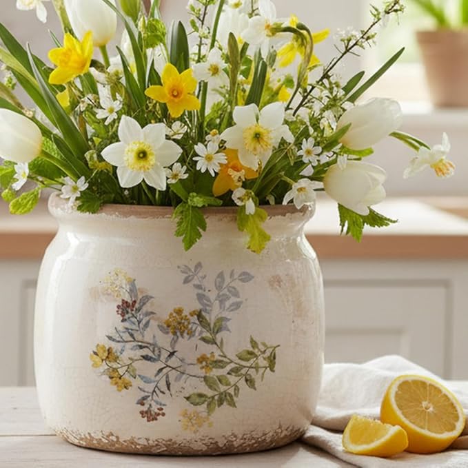 Pots for Plants, Ceramic Planters for Indoor Plants, 6.29'' Plant Pots with Drainage, Vase & Planters, Vintage Rustic Pots for Indoor Plant, Home & Christmas Decor, Yellow Sage