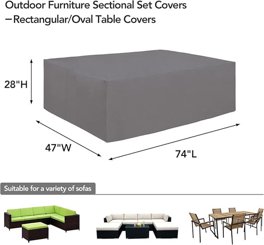 Easy-Going 600D Heavy Duty Patio Furniture Cover for Outdoor Rectangular Table, Chair Set, Sectional Set (74"L x 47"W x 28"H, Grey)