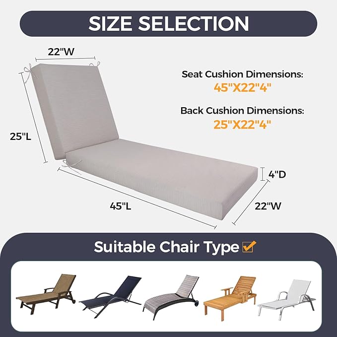 Outdoor Chaise Lounge Cushion- Waterproof & Fade Resistant Patio Lounger Cushions with Removable Cover for Pool, Deck, Lawn .70 x 22 x 4 Inch (Beige)