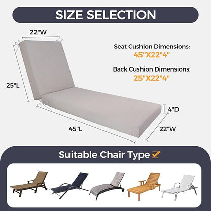 Outdoor Chaise Lounge Cushion- Waterproof & Fade Resistant Patio Lounger Cushions with Removable Cover for Pool, Deck, Lawn .70 x 22 x 4 Inch (Beige)