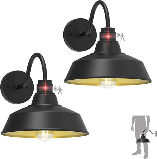 12.4" Dome Gooseneck Barn Light, Outdoor Anti-Rust&Waterproof Farmhouse Wall Sconce, Outdoor Wall Lanterns for Porch/Patio, E26 Base 100W Max(Black 2-Pack Motion Sensor Outdoor Lights)