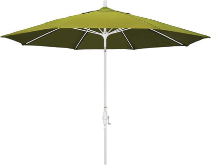 California Umbrella 11Ft Fiberglass Rib Patio Umbrella, Hand-Crank, Tilt-Collar, White Frame, Solution Dyed Kiwi Fabric