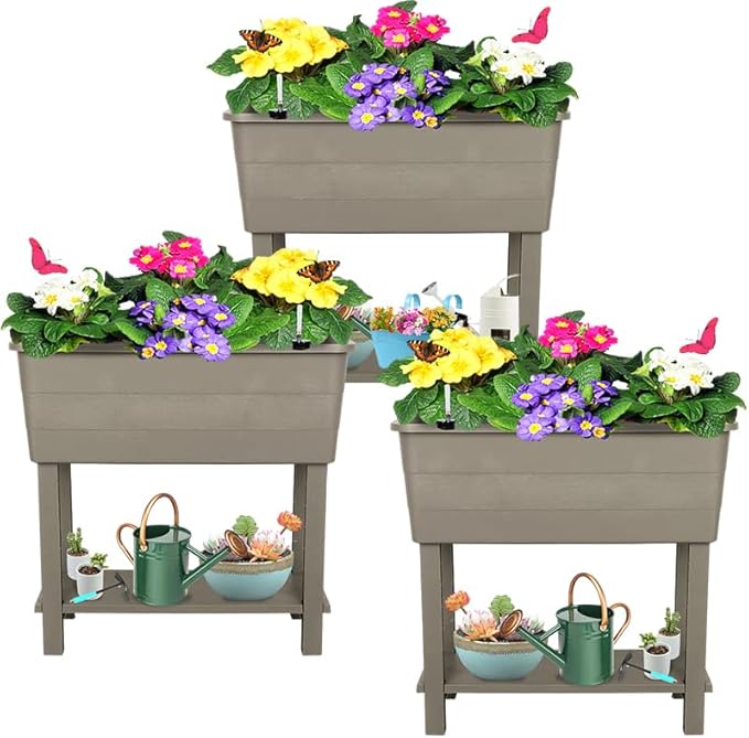 3 Pcs Self Watering Elevated Raised Garden Bed, Large Outdoor Plastic Planter Box Big Flower Plant Pot for Planting Flowers Vegetables and Herbs (3, Khaki)