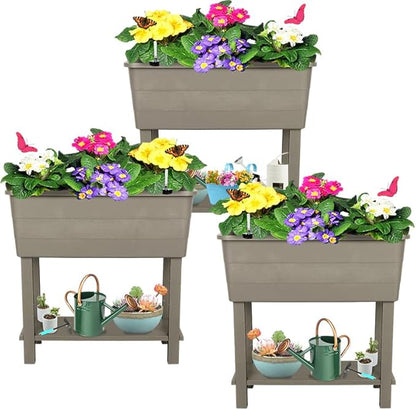 3 Pcs Self Watering Elevated Raised Garden Bed, Large Outdoor Plastic Planter Box Big Flower Plant Pot for Planting Flowers Vegetables and Herbs (3, Khaki)